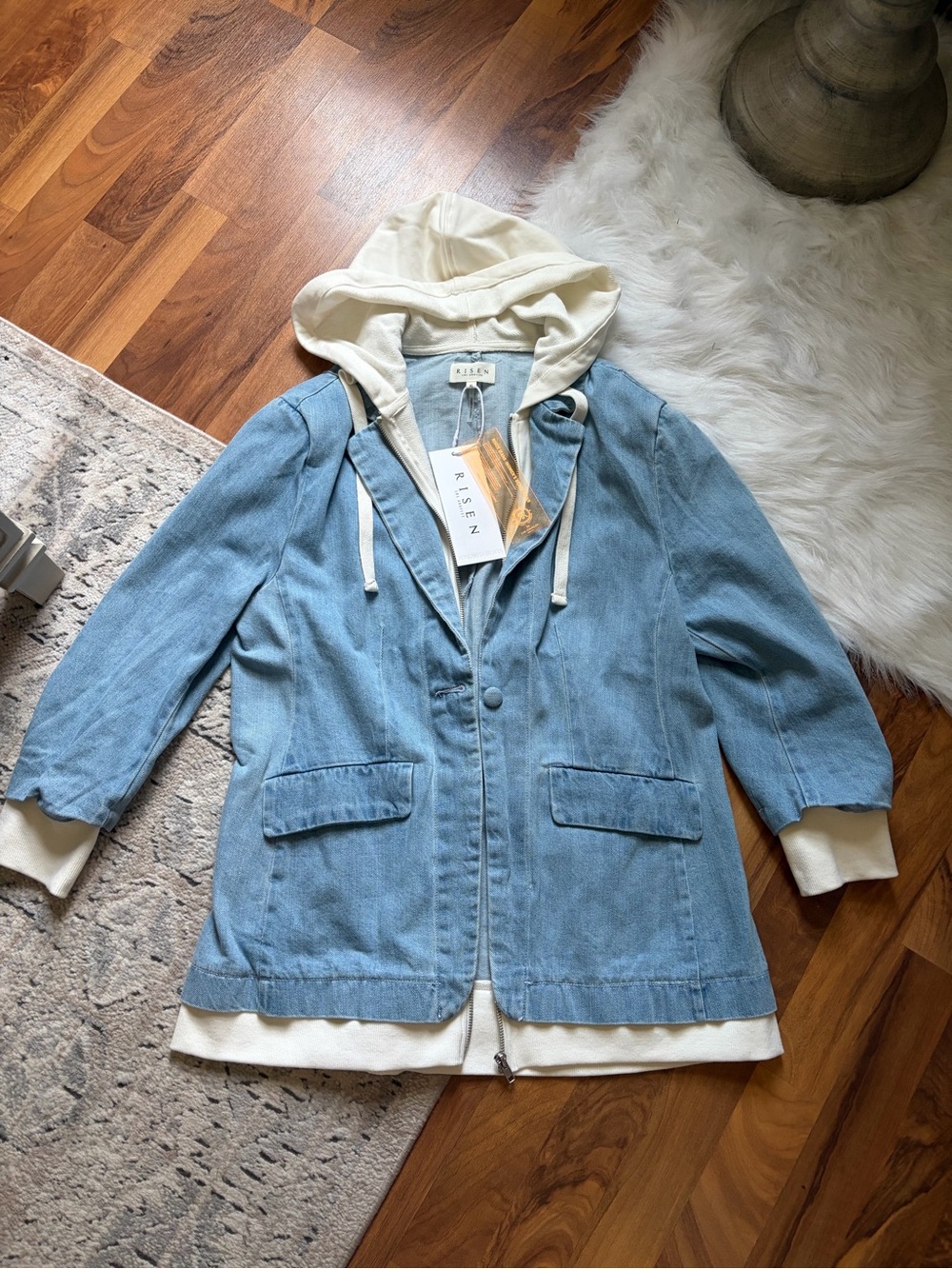 Risen Jeans Women's Light Blue Denim Hooded Jacket with Cream Hoodie (XL)